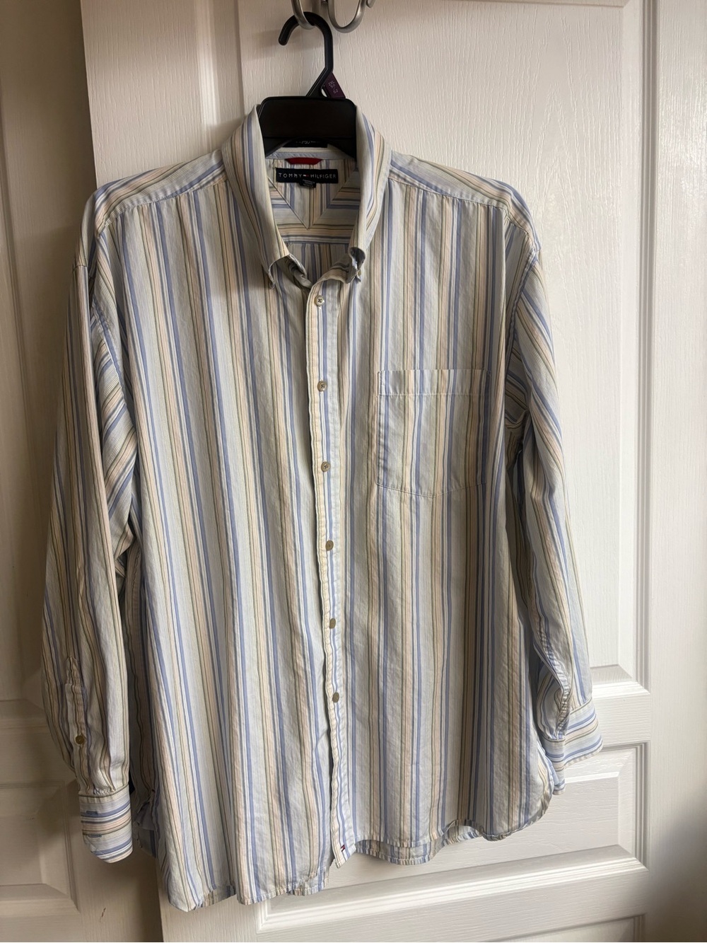 Tommy Hilfiger Men's Cream Shirt with Light Blue & Yellow Stripes.